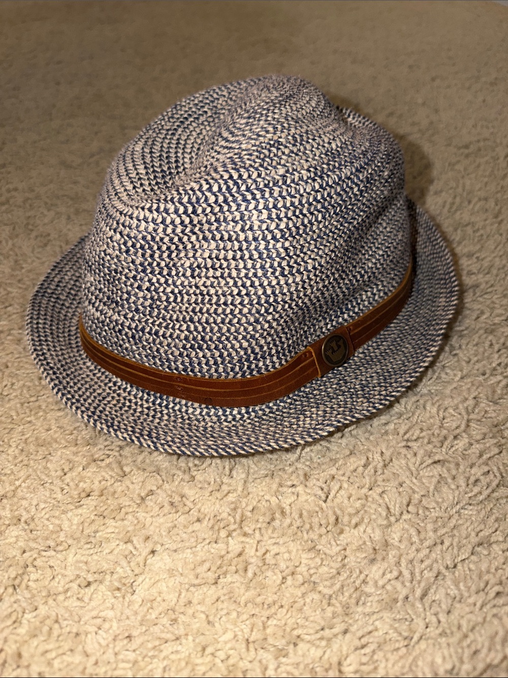 Women’s Blue and White Straw Fedora with Brown Band